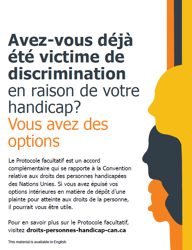 Image of the poster showing the words Have you faced discrimination because of your disability? You’ve got options DOWNLOAD FRENCH